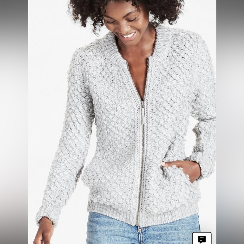 NWT Lucky Brand Alpaca Chunky Knit Sweater Bomber Zip Jacket Cardigan Light Gray